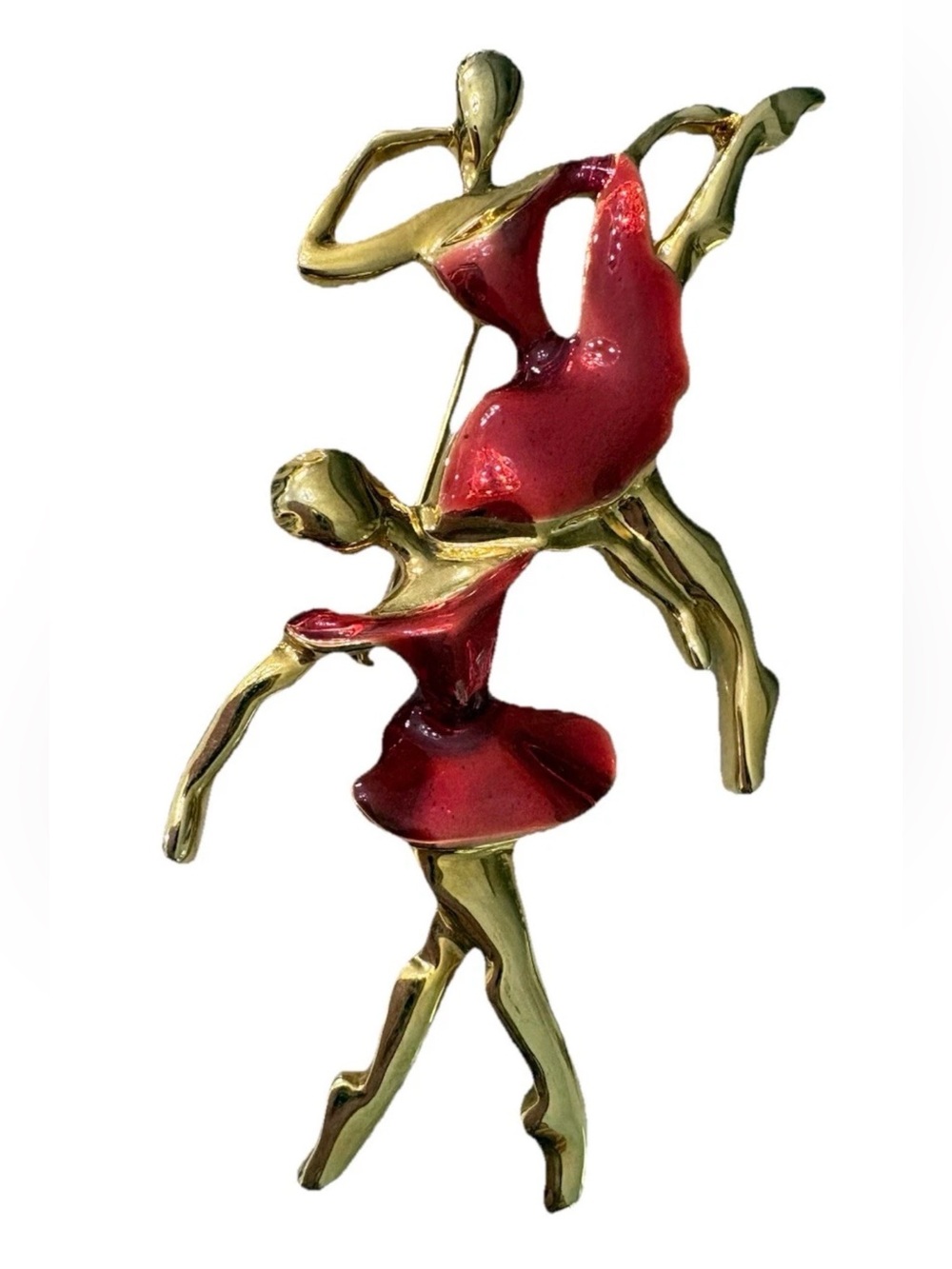 Mid-Century Style Dual Ballet Dancer Pin Brooch-Gold & Crimson Red Enamel Tutu
